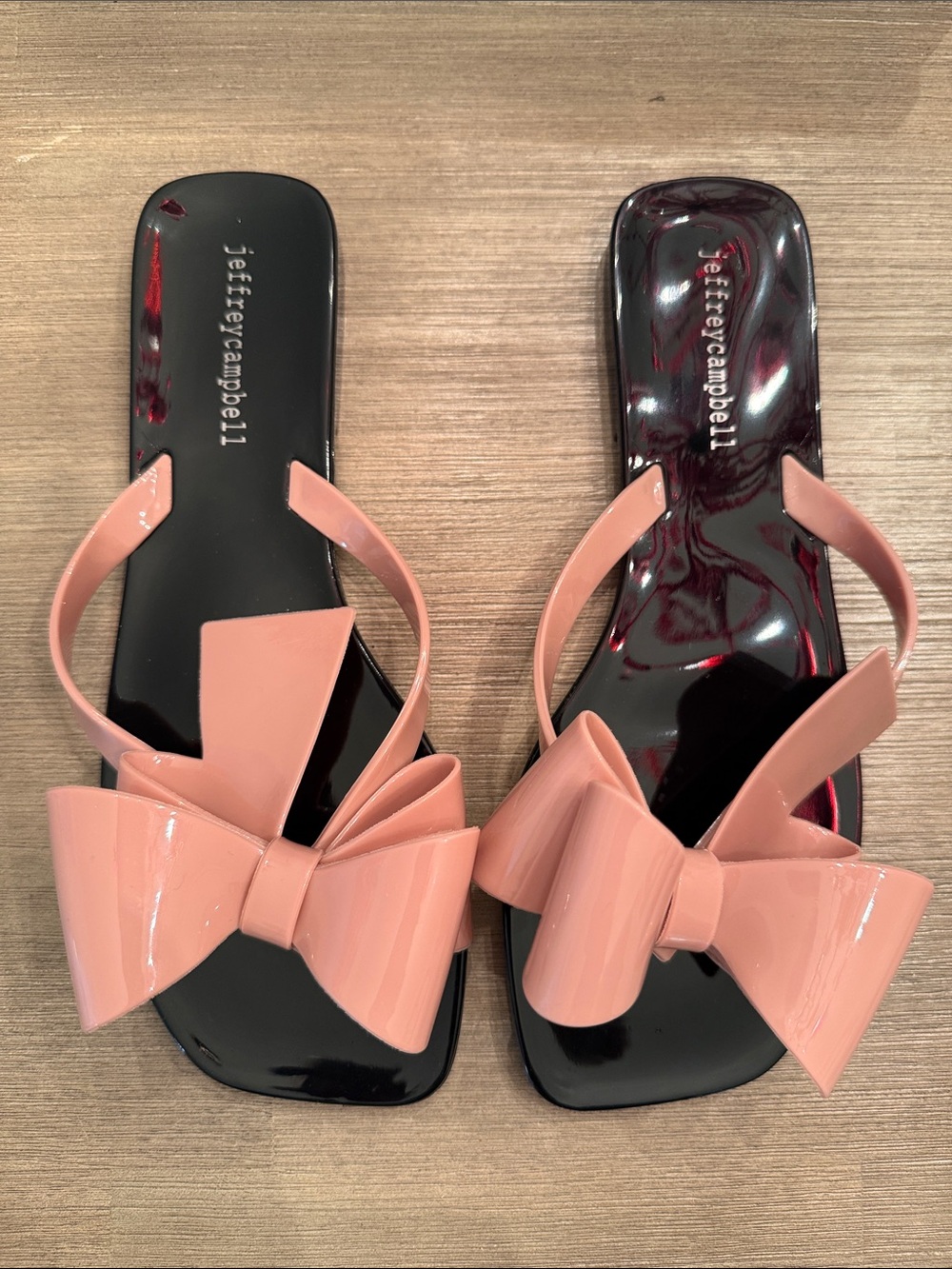 Jeffrey Campbell Black Patent Flip Flops with Peach Bow